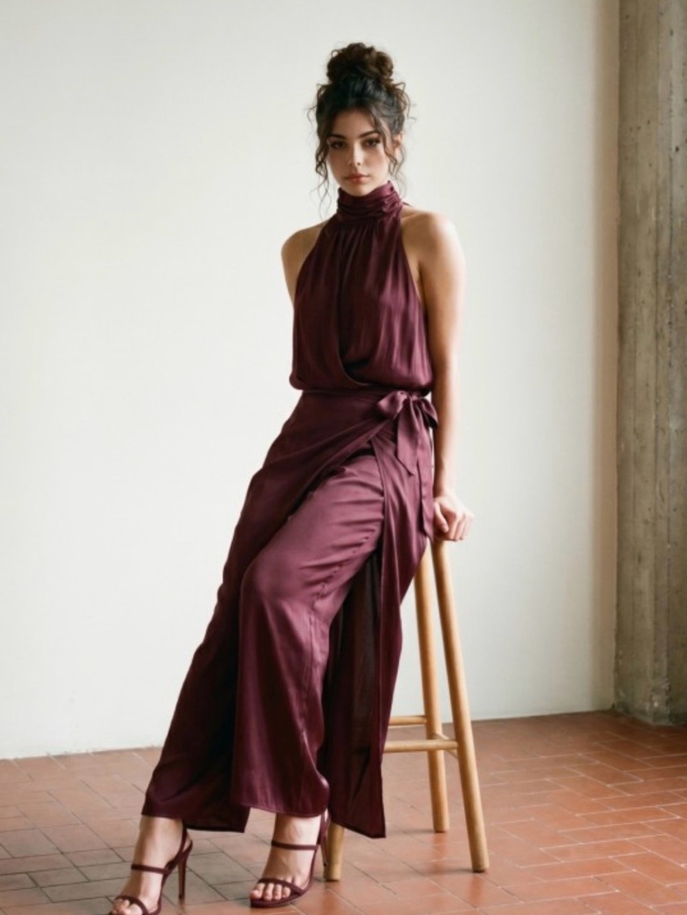 Sleeveless High-Neck Wrap Pant and Flowy top in Burgundy